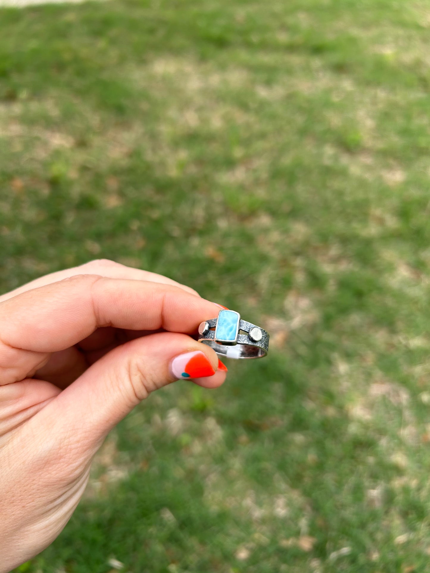 Sterling Silver Textured Wide Ring Band with Larimar