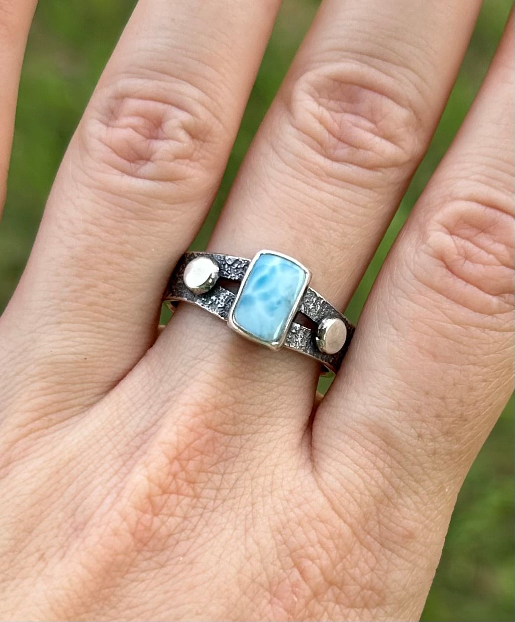 Sterling Silver Textured Wide Ring Band with Larimar