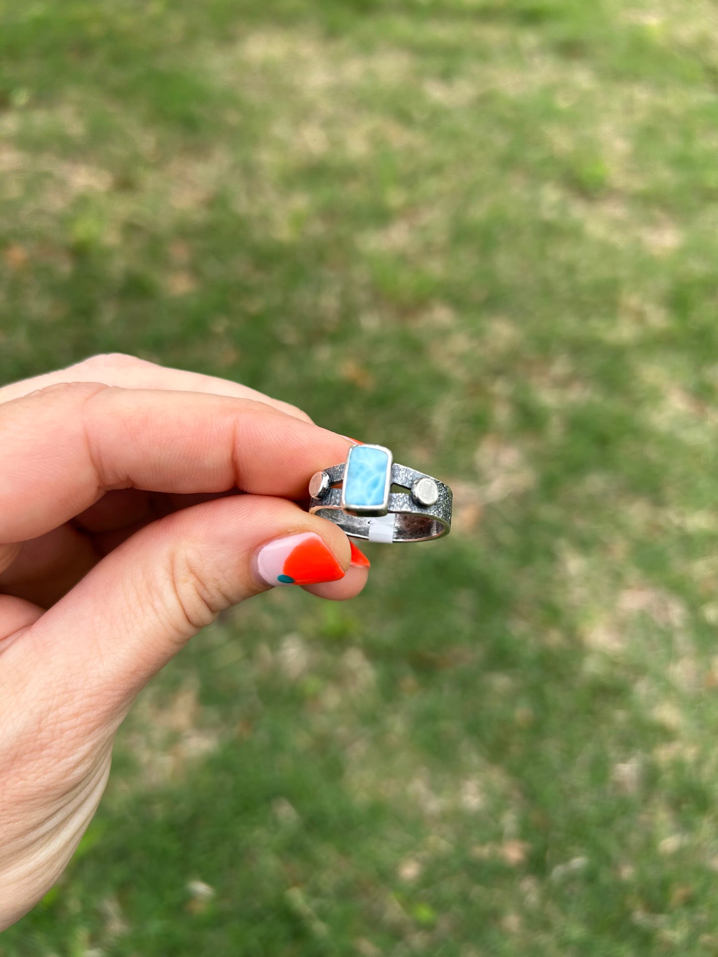 Sterling Silver Textured Wide Ring Band with Larimar