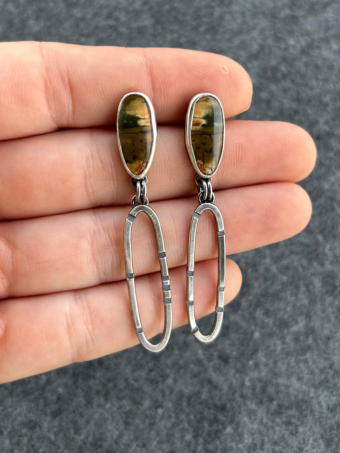 Anvil Hoop Earrings with Stamped Sterling Silver and Red Creek Jasper