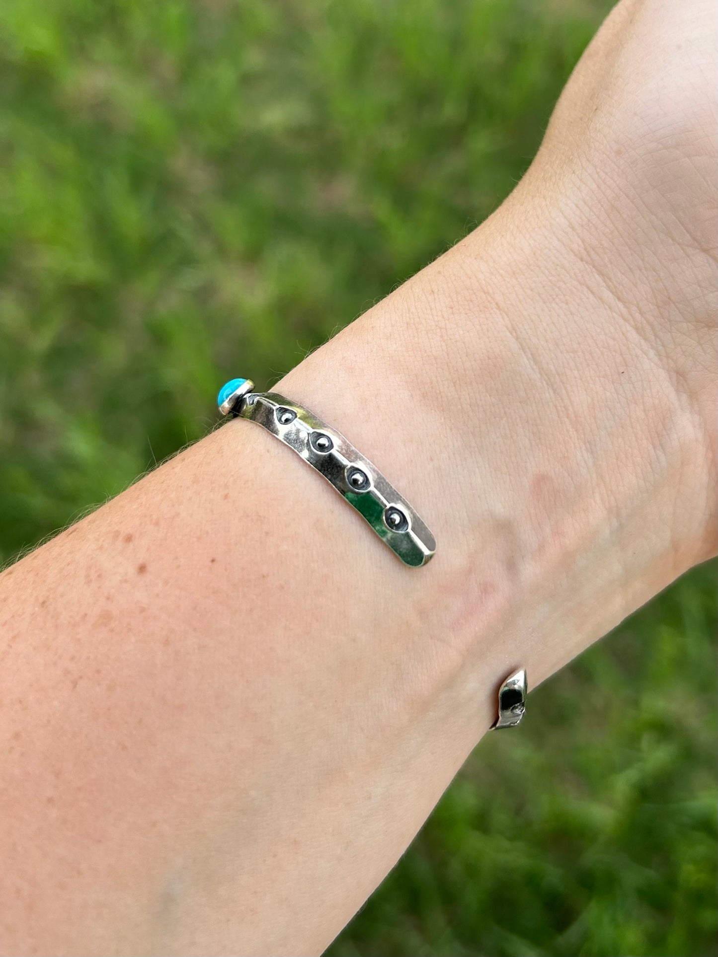 Cuff Bracelet with Stamped Sterling Silver and Genuine Turquoise