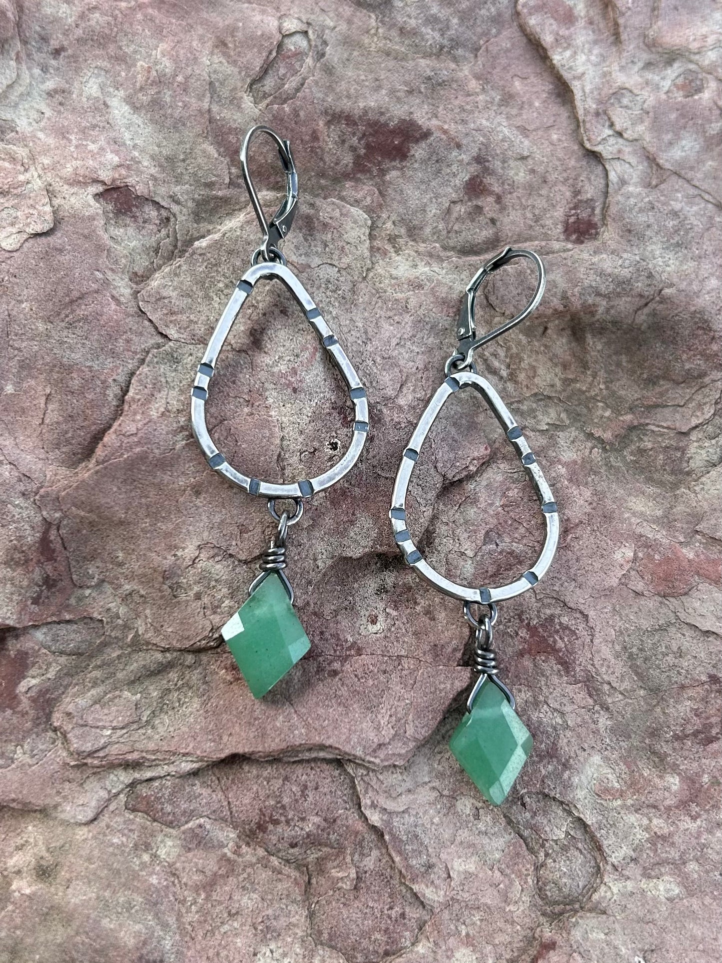 Anvil Hoop Earrings with Stamped Sterling Silver and Aventurine