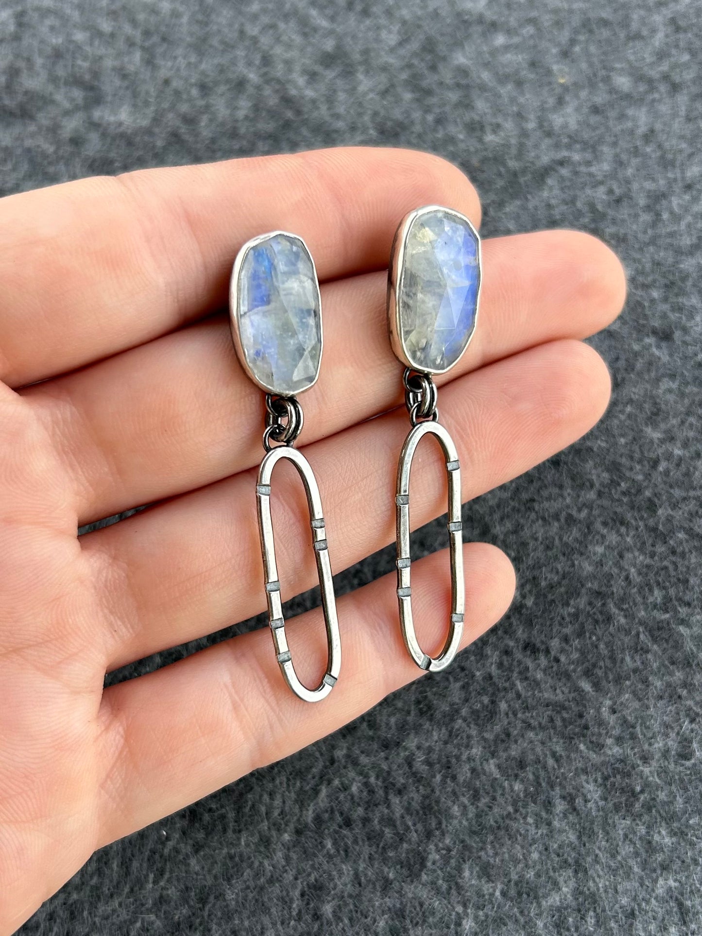 Anvil Hoop Earrings with Stamped Sterling Silver and Moonstone