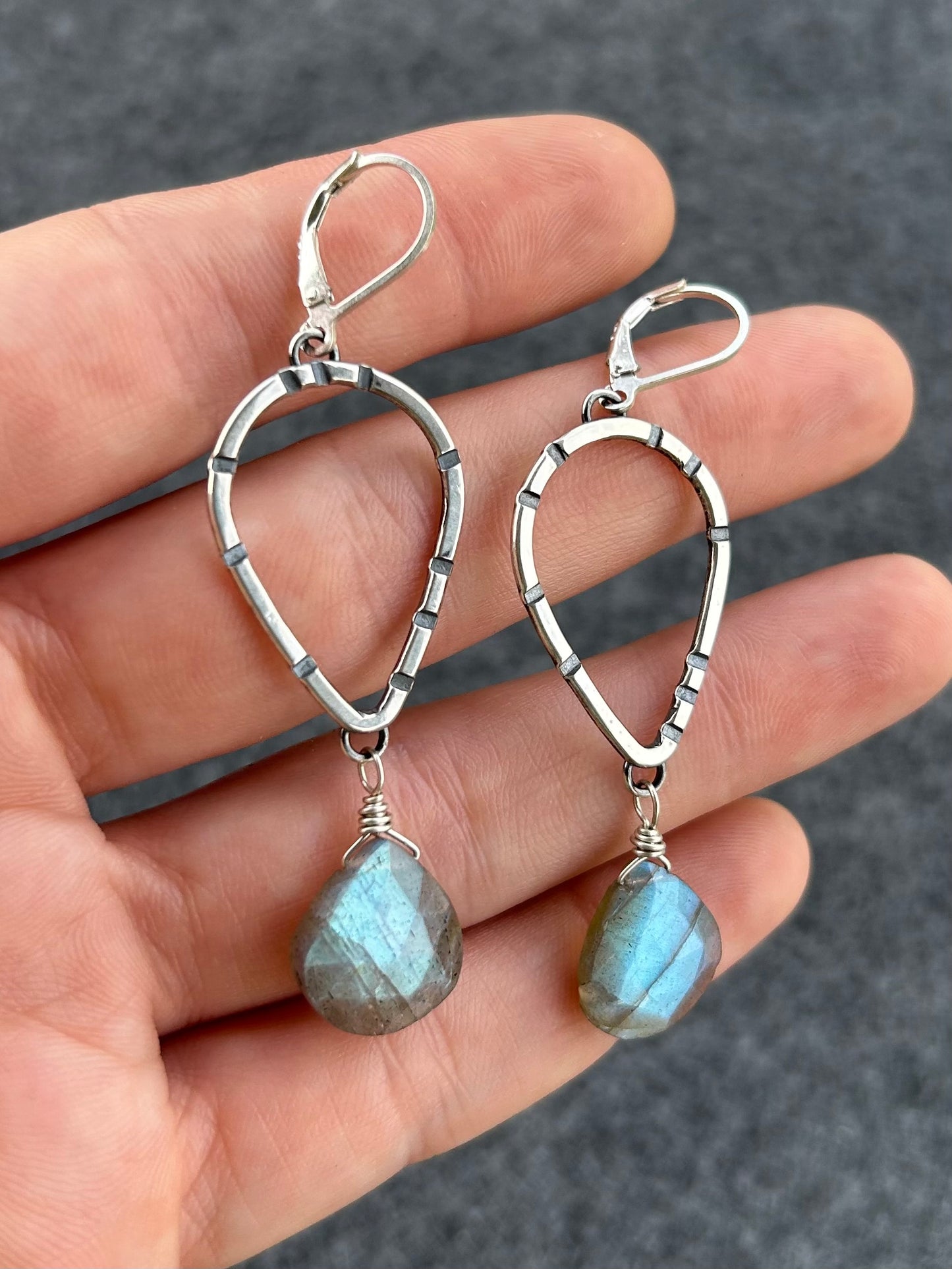 Anvil Hoop Earrings with Stamped Sterling Silver and Labradorite