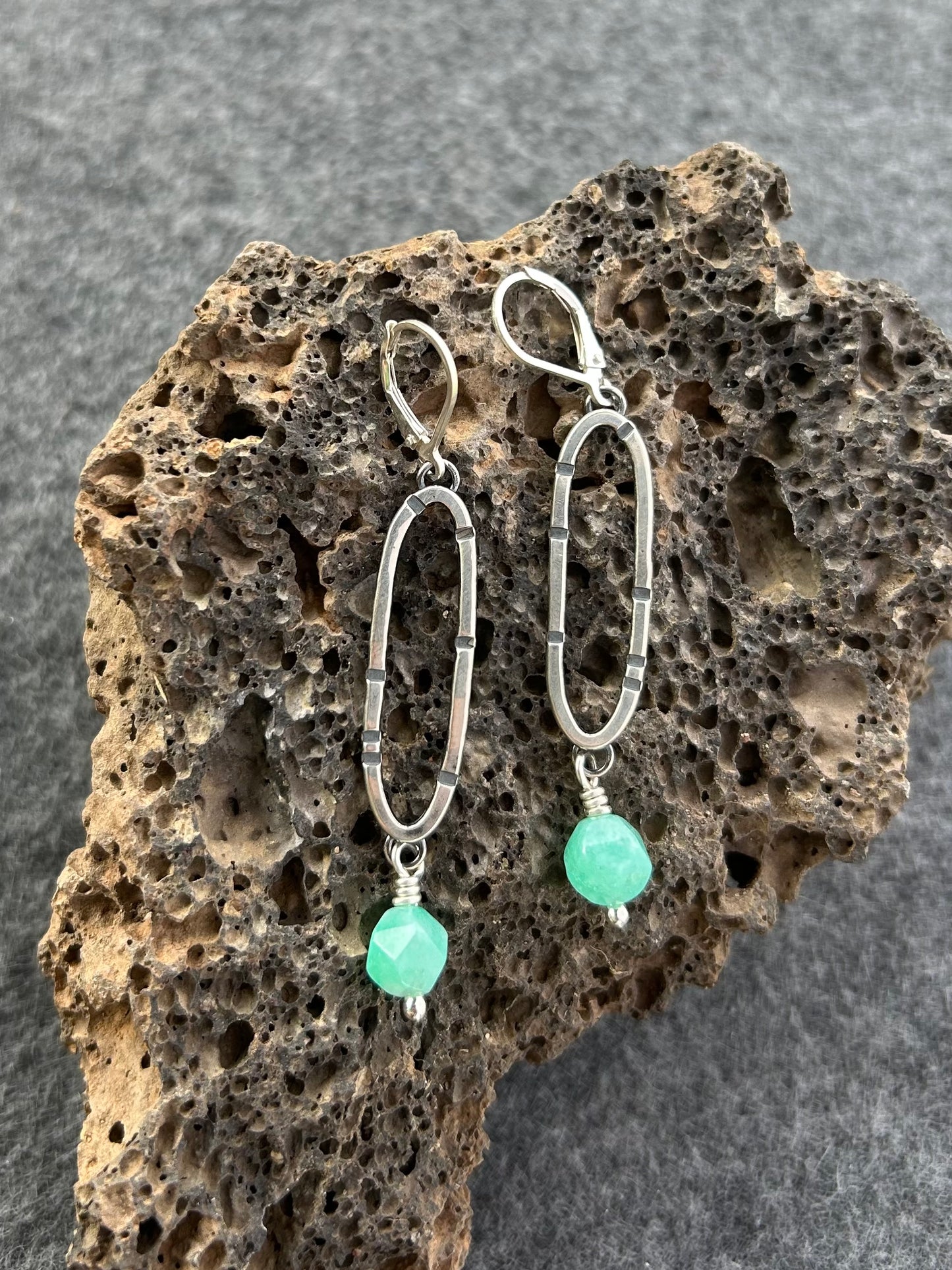 Anvil Hoop Earrings with Stamped Sterling Silver and Amazonite