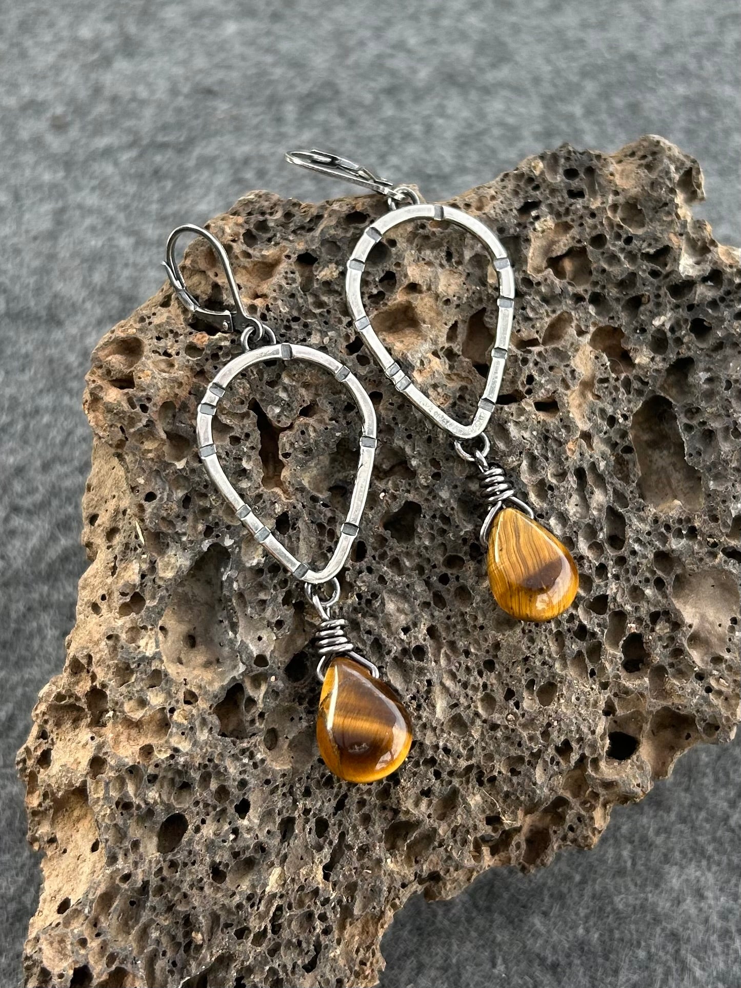 Anvil Hoop Earrings with Stamped Sterling Silver and Tiger's Eye