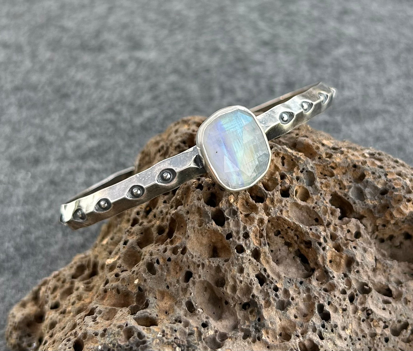 Simple Cuff Bracelet with Stamped Sterling Silver and Rainbow Moonstone