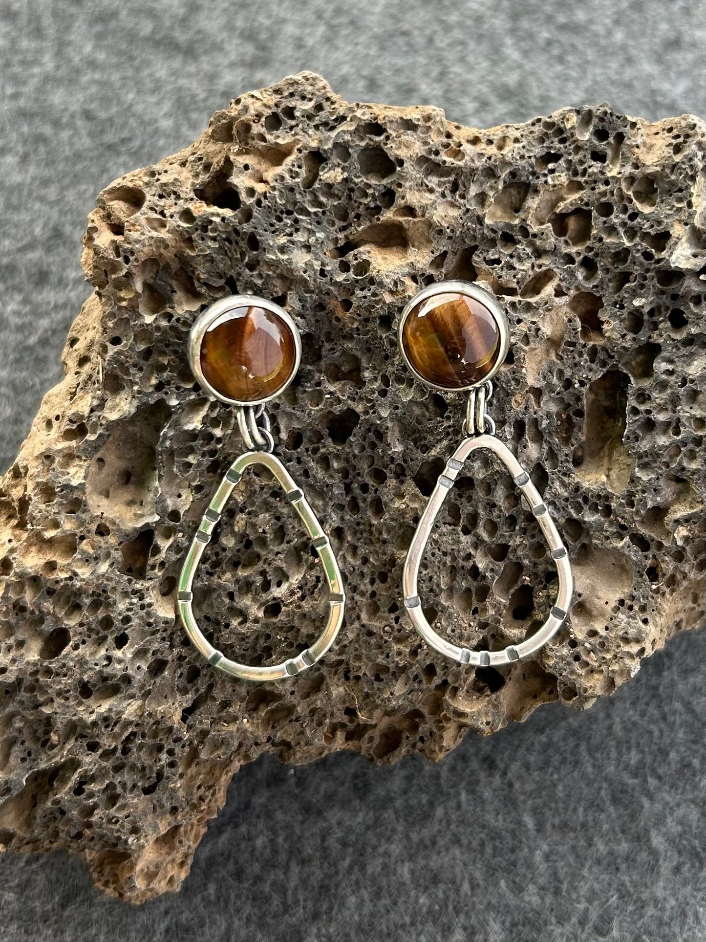 Anvil Hoop Earrings with Stamped Sterling Silver and Tiger's Eye