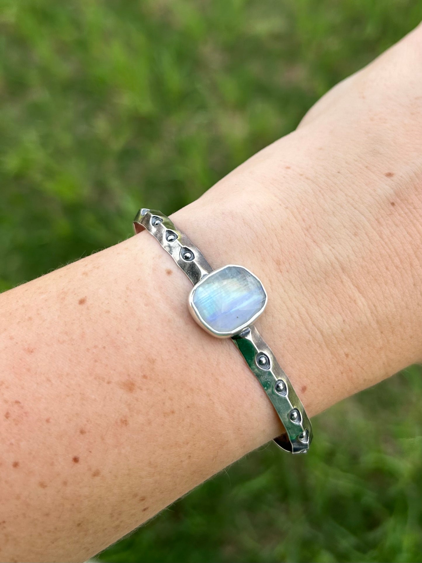 Simple Cuff Bracelet with Stamped Sterling Silver and Rainbow Moonstone