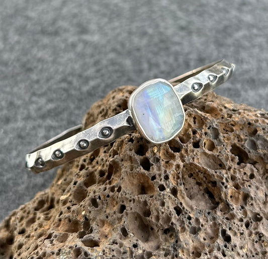 Simple Cuff Bracelet with Stamped Sterling Silver and Rainbow Moonstone