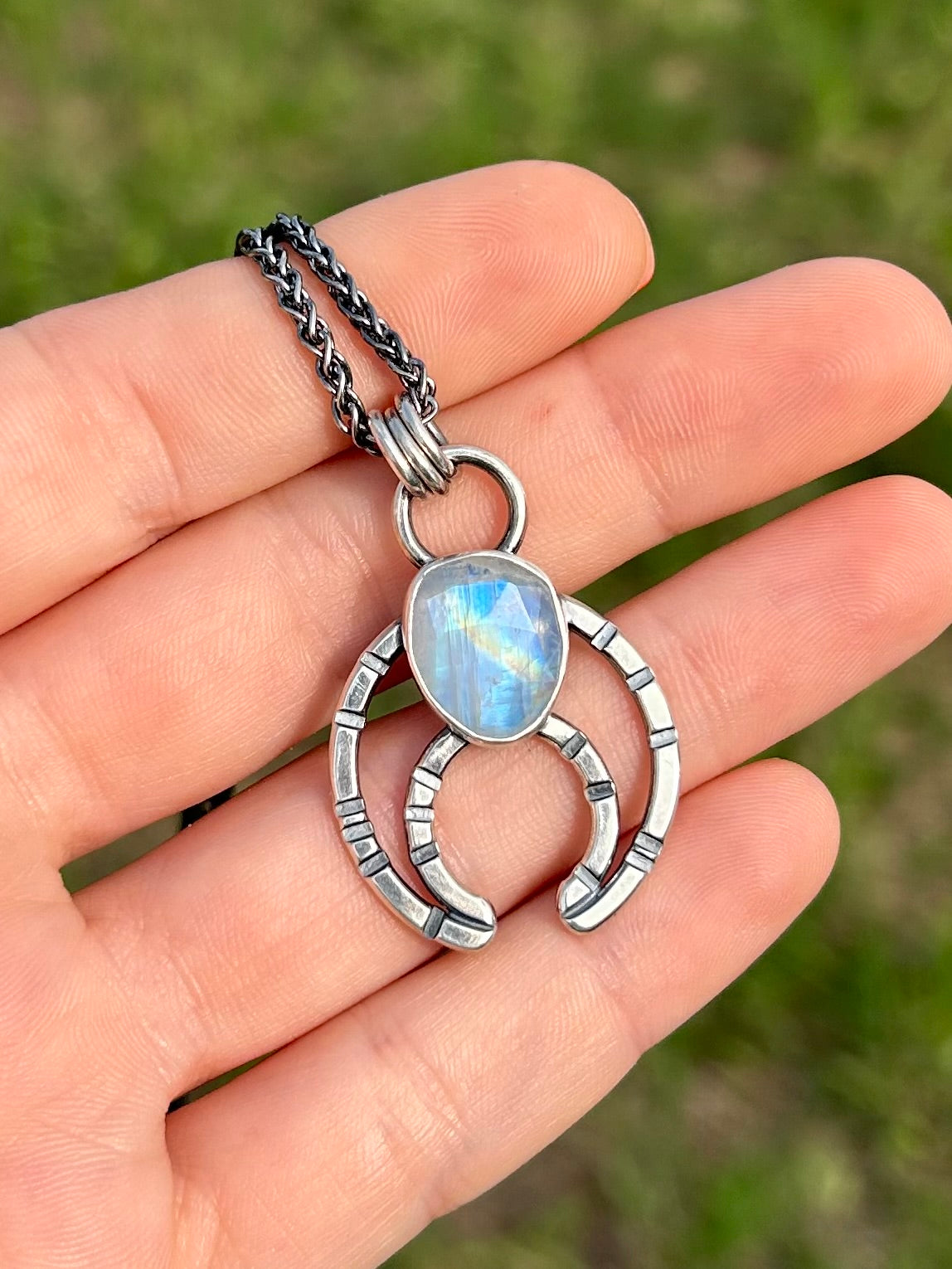 Modern Naja Pendant Necklace with Genuine Rainbow Moonstone