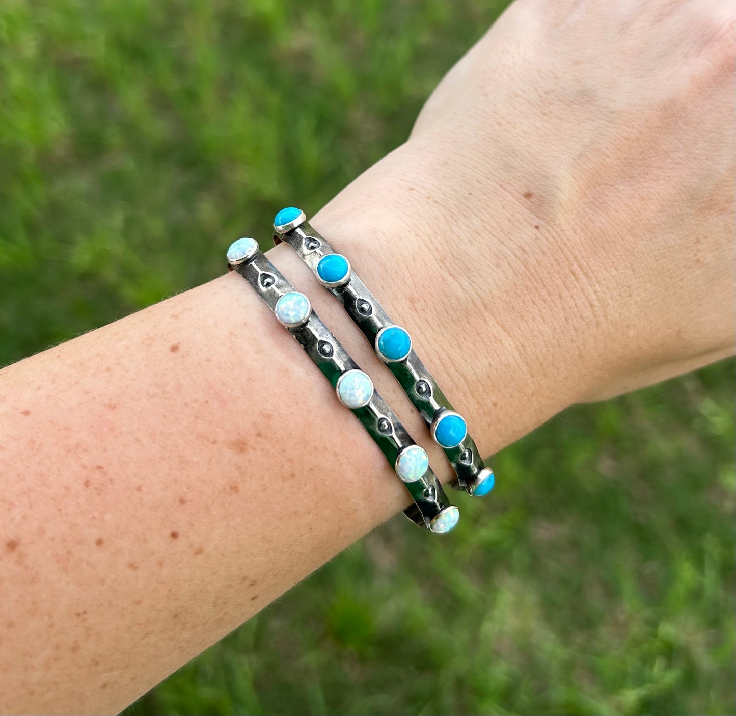 Cuff Bracelet with Stamped Sterling Silver and Genuine Turquoise