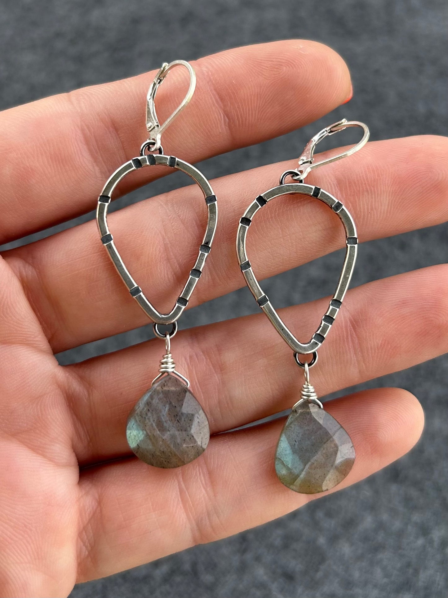 Anvil Hoop Earrings with Stamped Sterling Silver and Labradorite