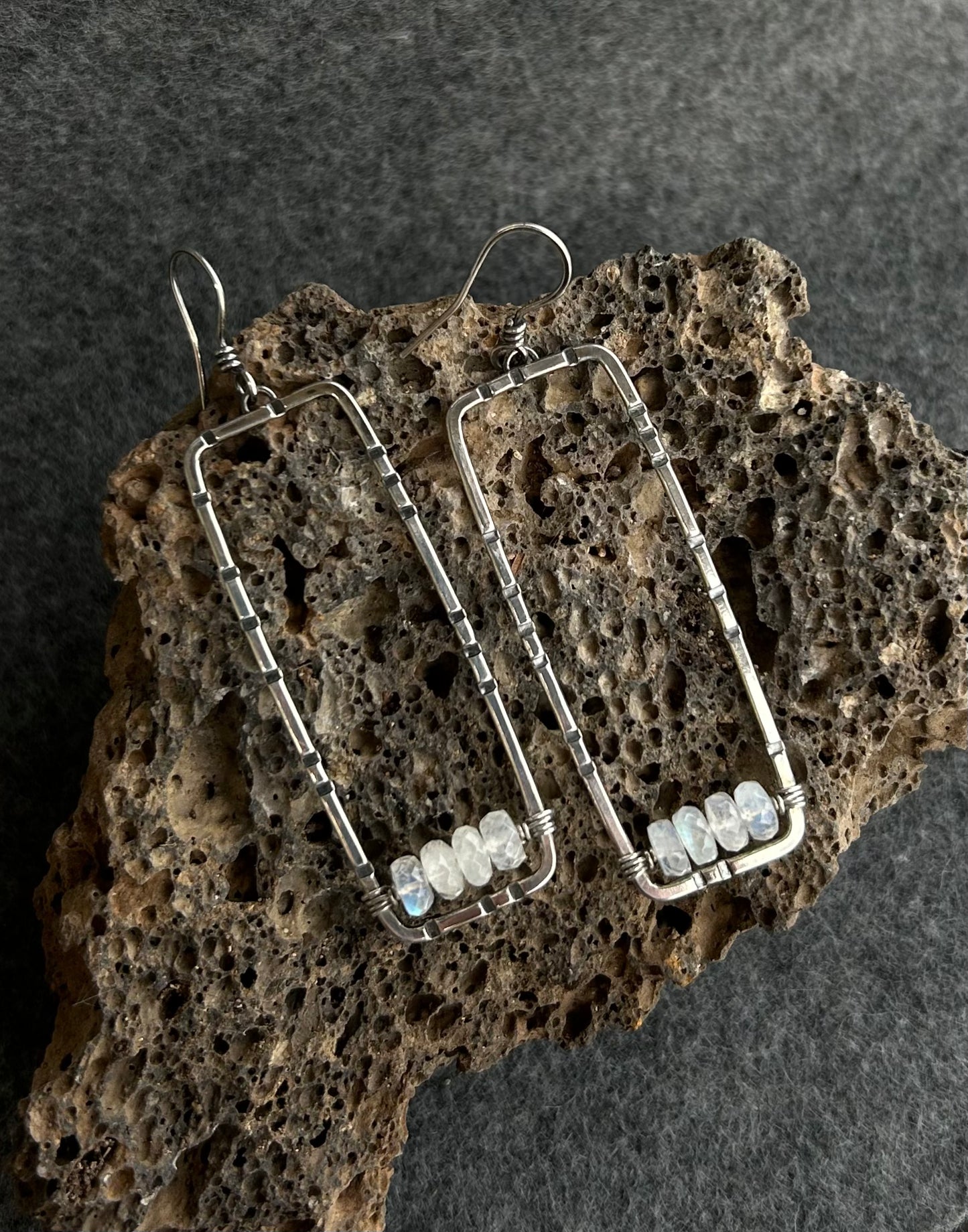 Anvil Hoop Earrings with Stamped Sterling Silver and Rainbow Moonstone