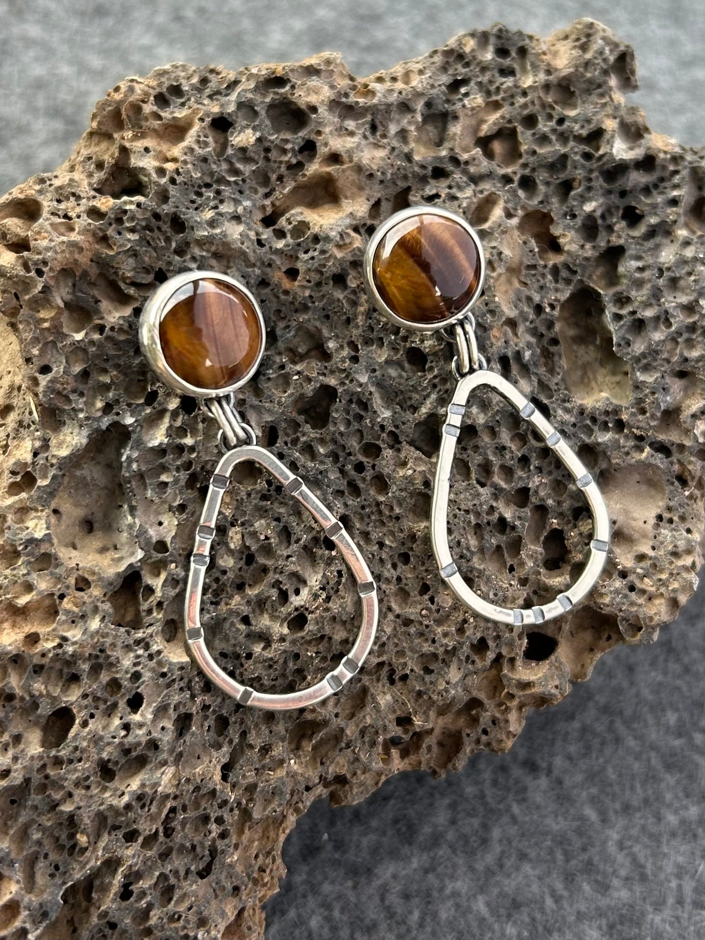 Anvil Hoop Earrings with Stamped Sterling Silver and Tiger's Eye