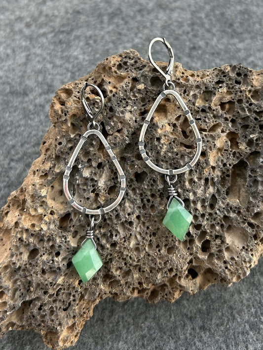 Anvil Hoop Earrings with Stamped Sterling Silver and Aventurine