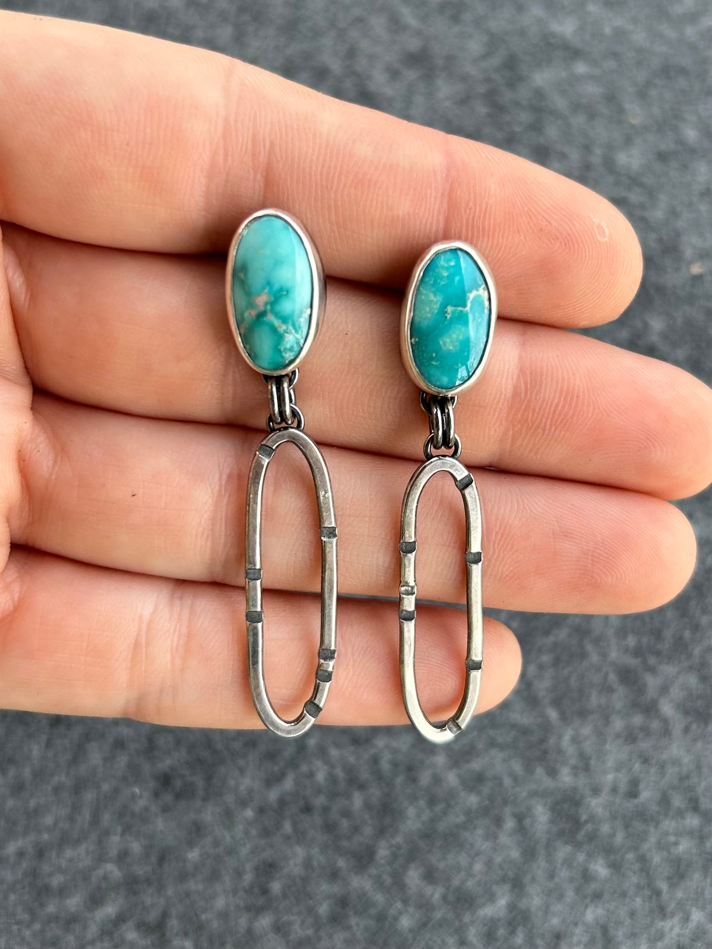 Anvil Hoop Earrings with Stamped Sterling Silver and Whitewater Turquoise