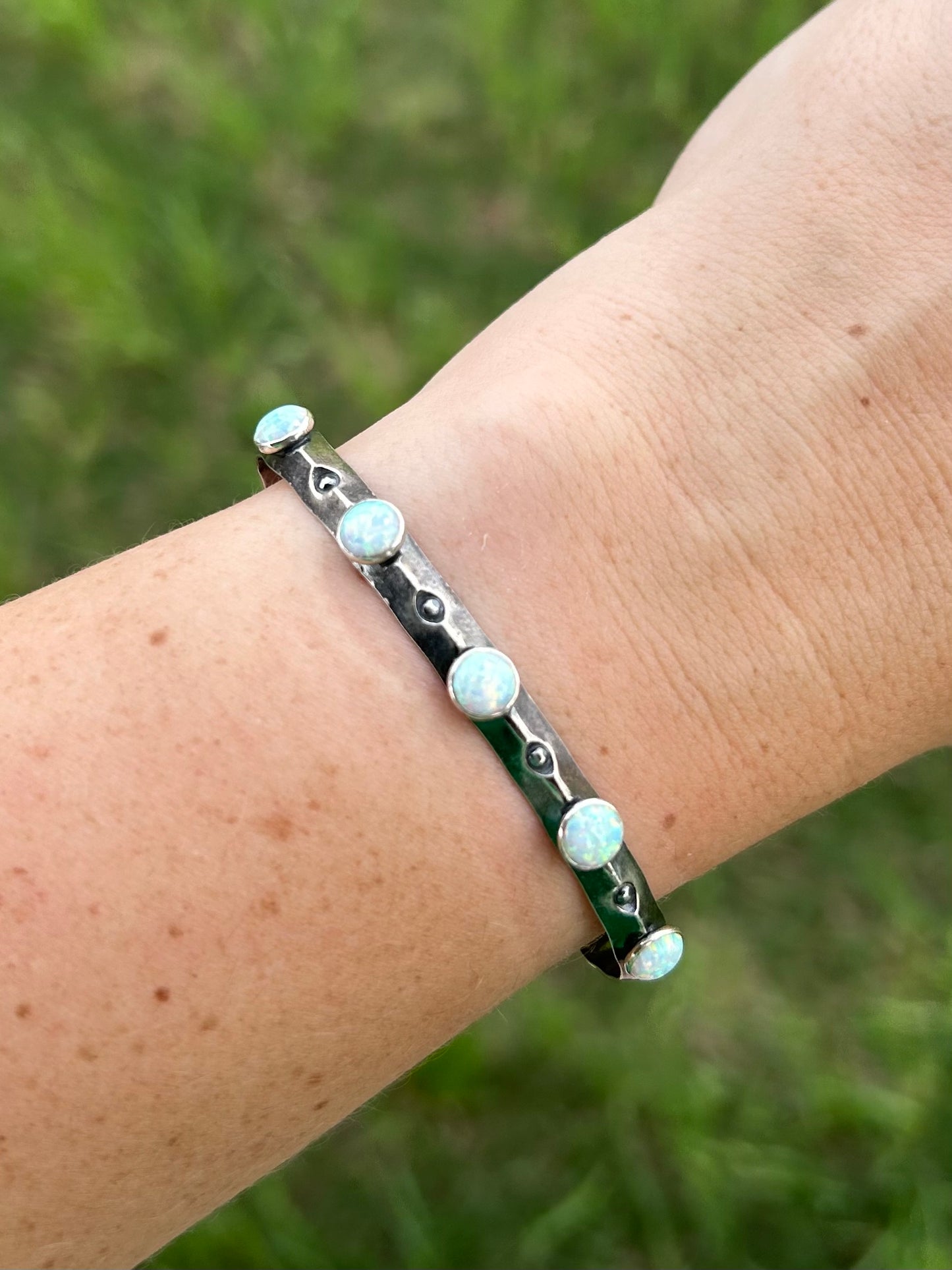 Cuff Bracelet with Stamped Sterling Silver and Opal