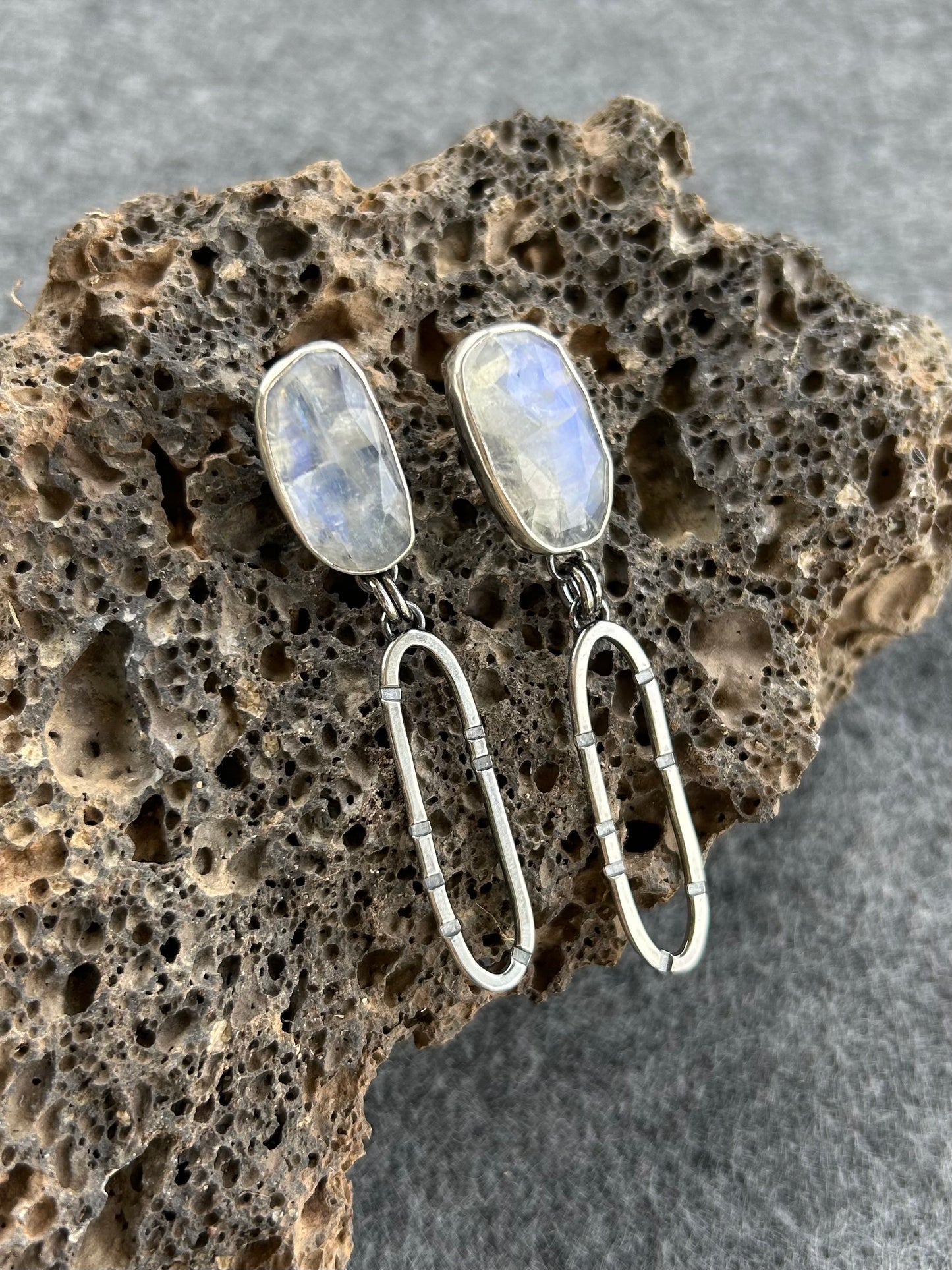 Anvil Hoop Earrings with Stamped Sterling Silver and Moonstone