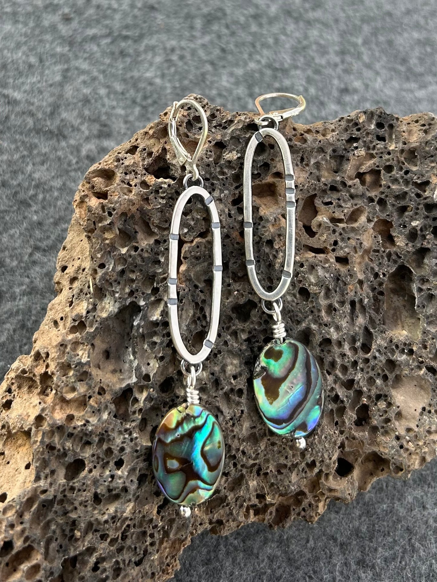 Anvil Hoop Earrings with Stamped Sterling Silver and Abalone