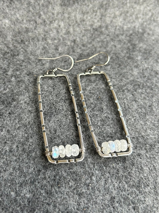 Anvil Hoop Earrings with Stamped Sterling Silver and Rainbow Moonstone