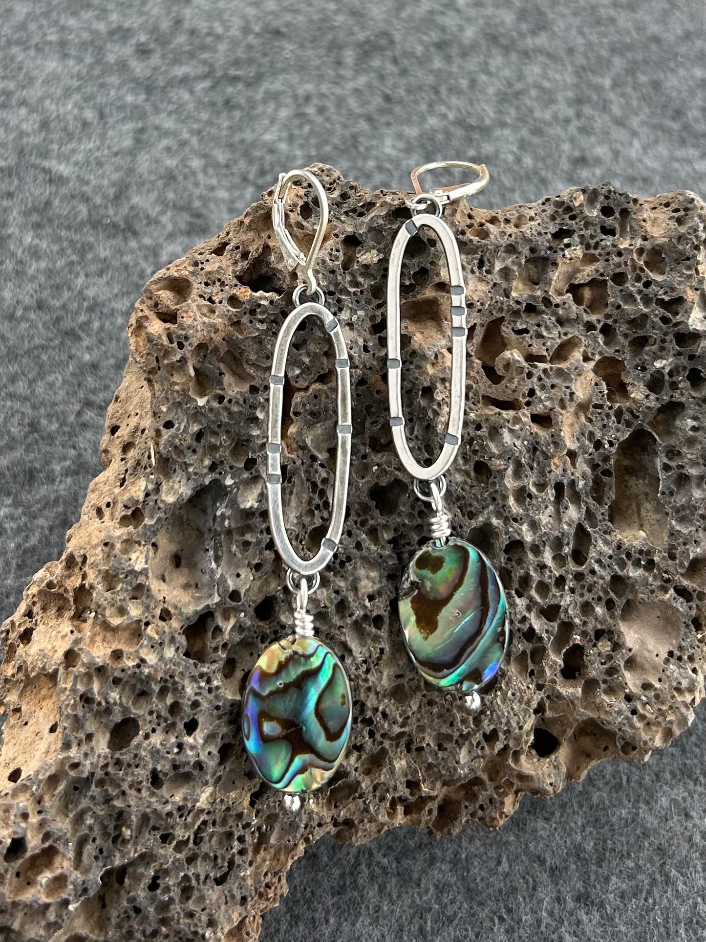 Anvil Hoop Earrings with Stamped Sterling Silver and Abalone