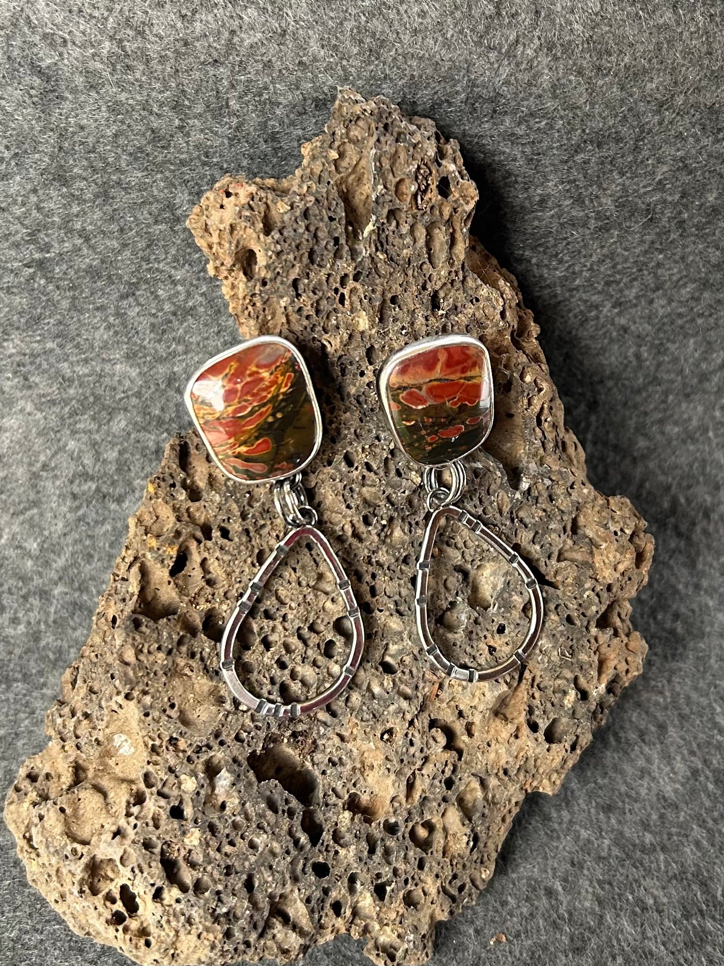 Anvil Hoop Earrings with Stamped Sterling Silver and Red Creek Jasper