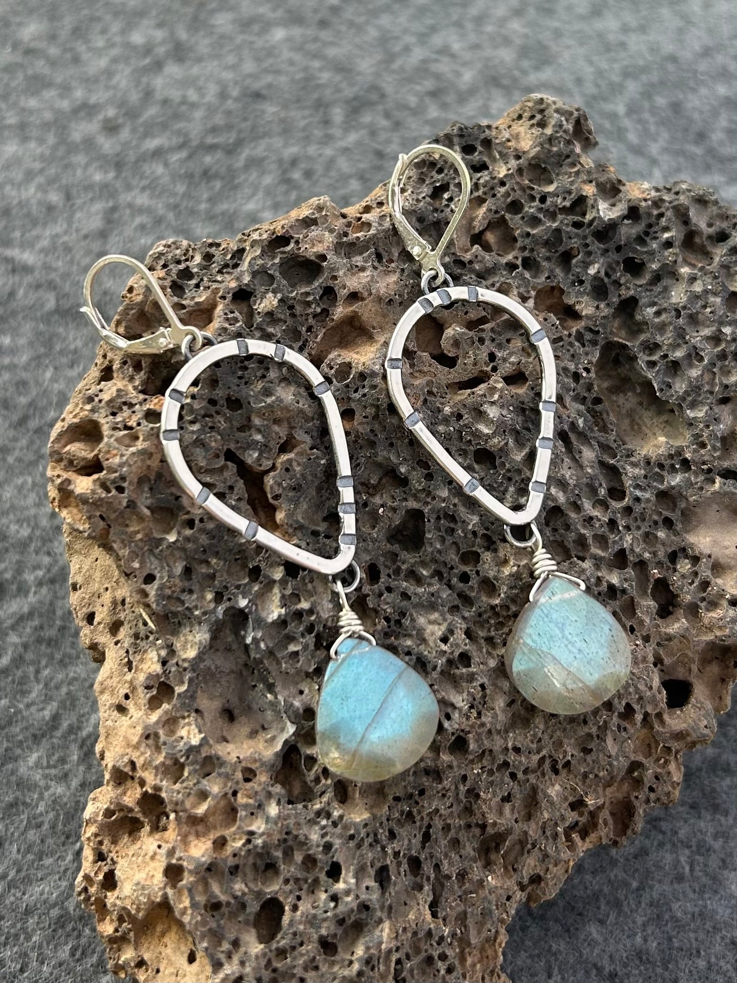 Anvil Hoop Earrings with Stamped Sterling Silver and Labradorite