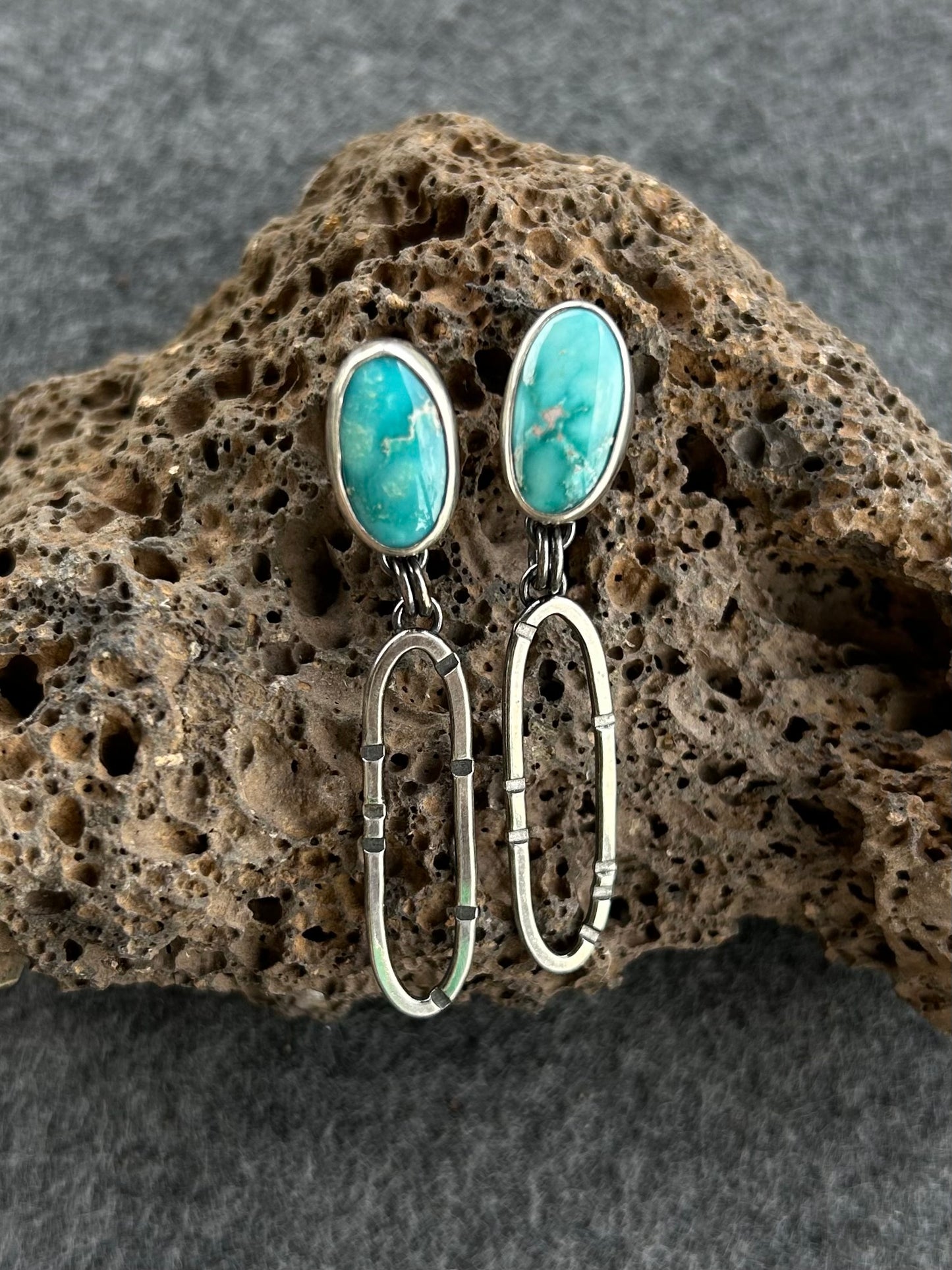 Anvil Hoop Earrings with Stamped Sterling Silver and Whitewater Turquoise