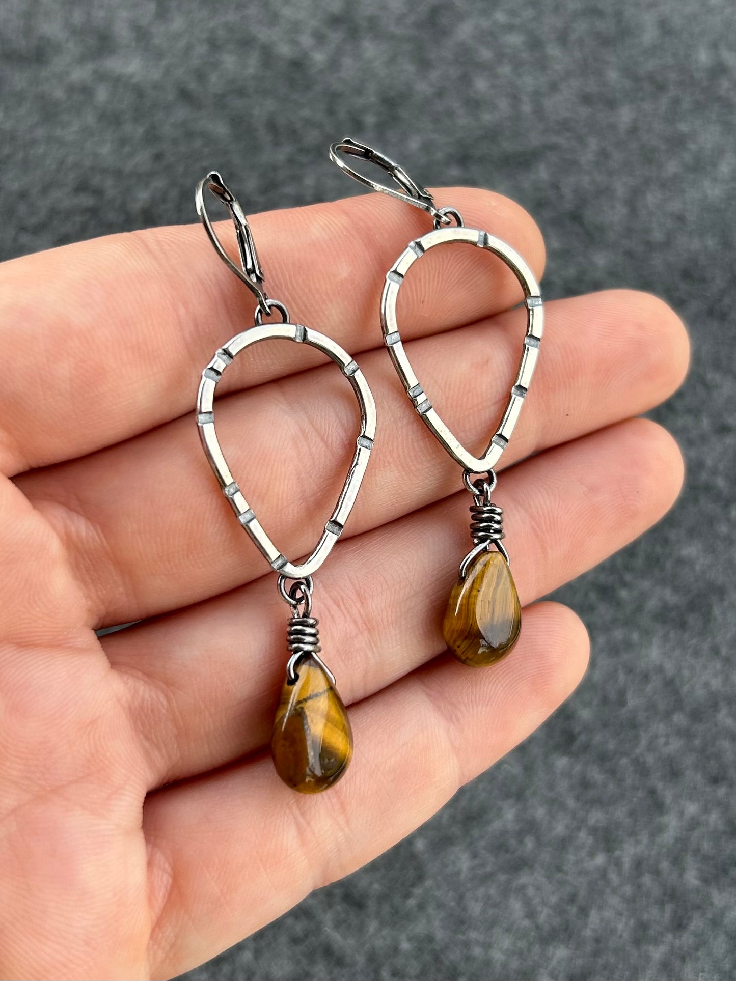 Anvil Hoop Earrings with Stamped Sterling Silver and Tiger's Eye