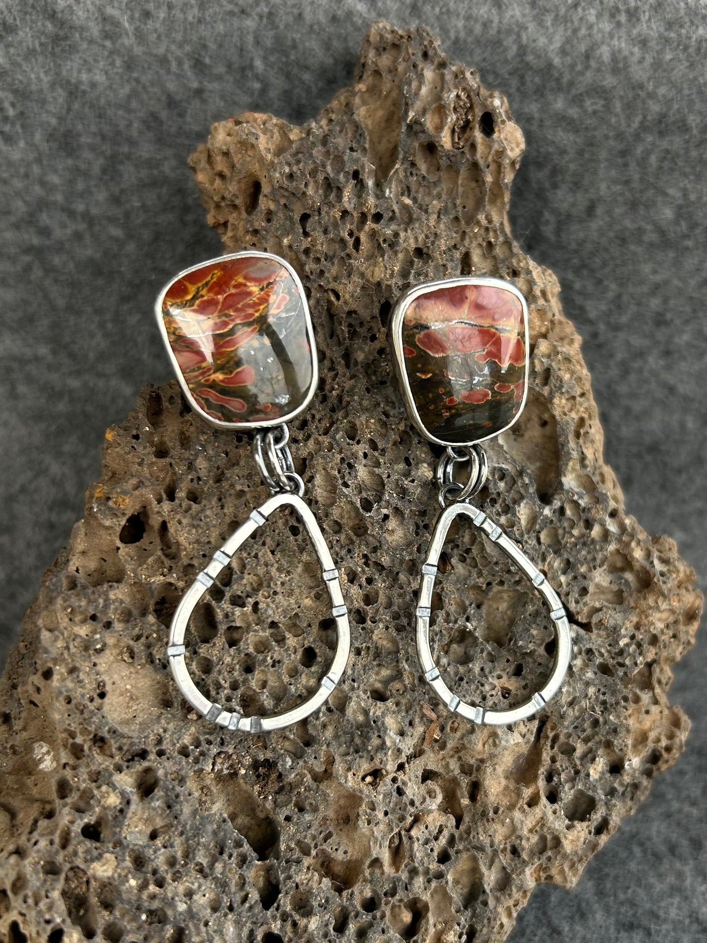 Anvil Hoop Earrings with Stamped Sterling Silver and Red Creek Jasper