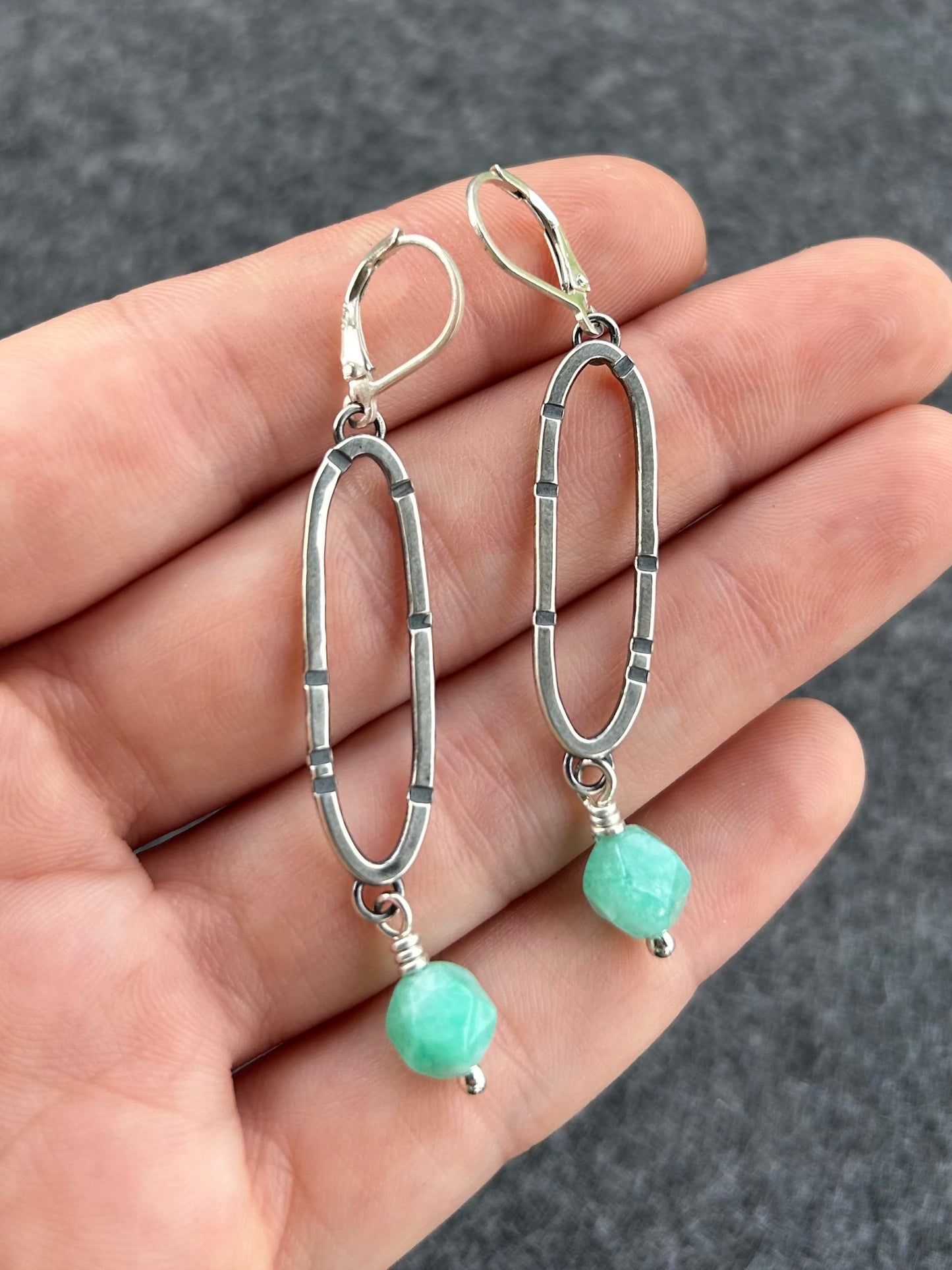 Anvil Hoop Earrings with Stamped Sterling Silver and Amazonite