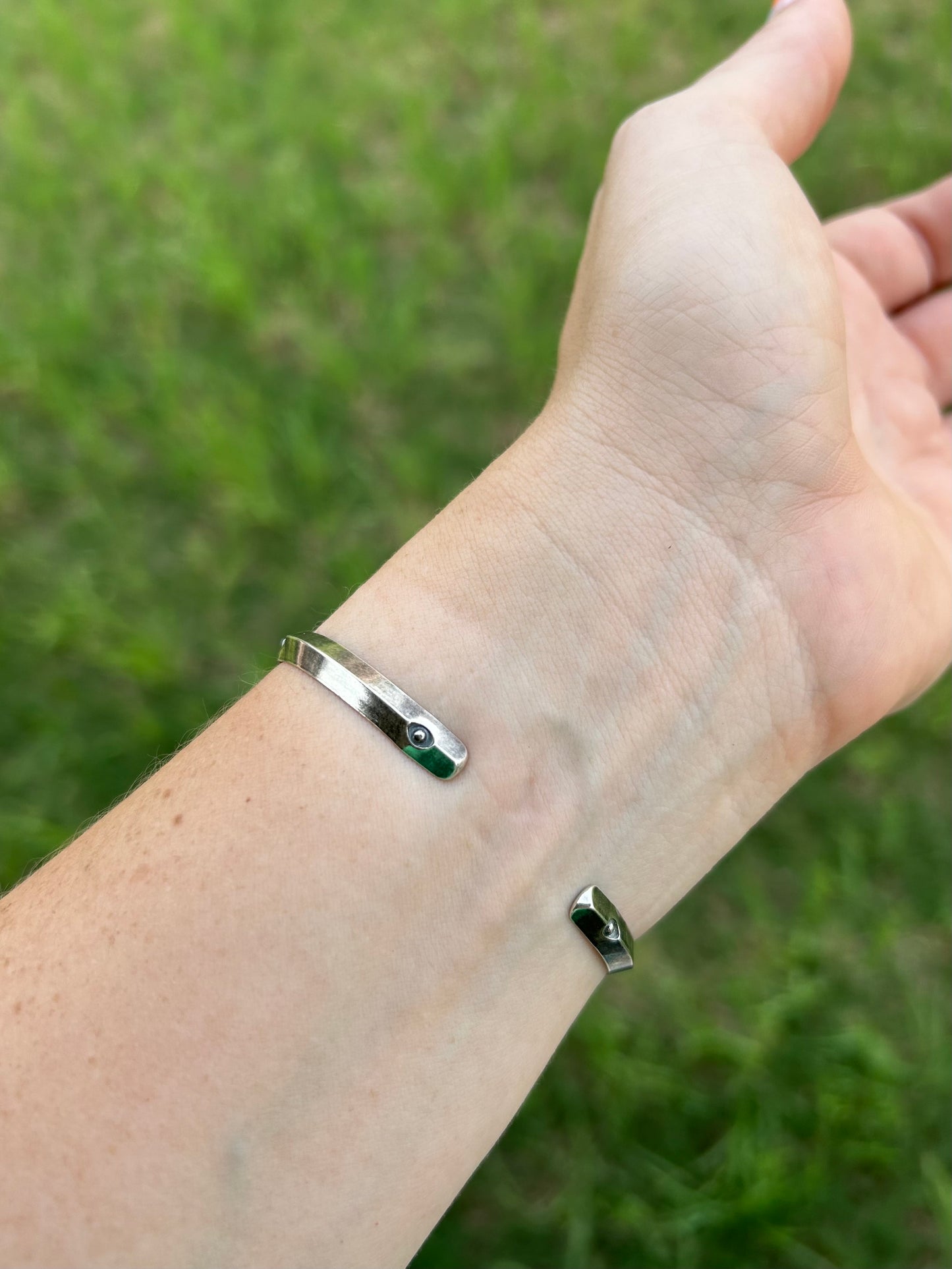 Simple Cuff Bracelet with Stamped Sterling Silver and Rainbow Moonstone