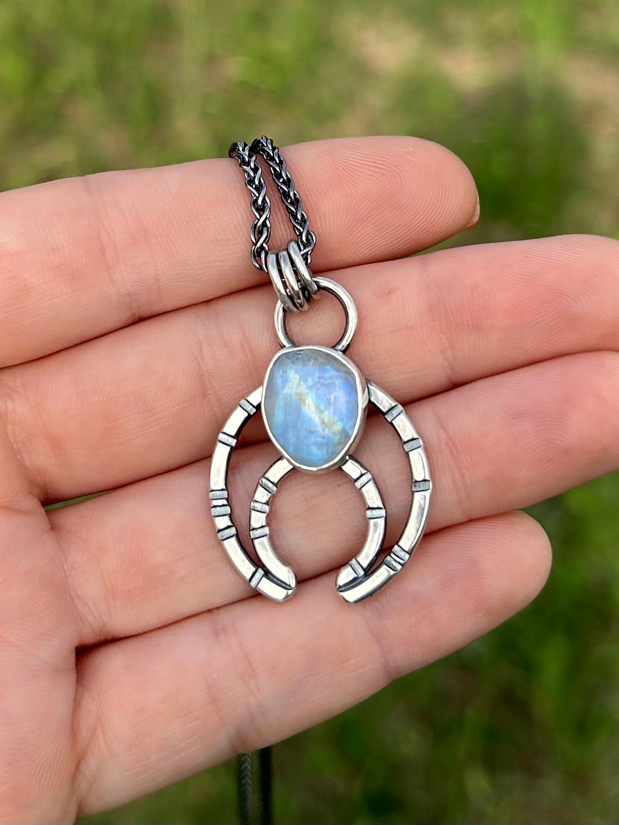 Modern Naja Pendant Necklace with Genuine Rainbow Moonstone