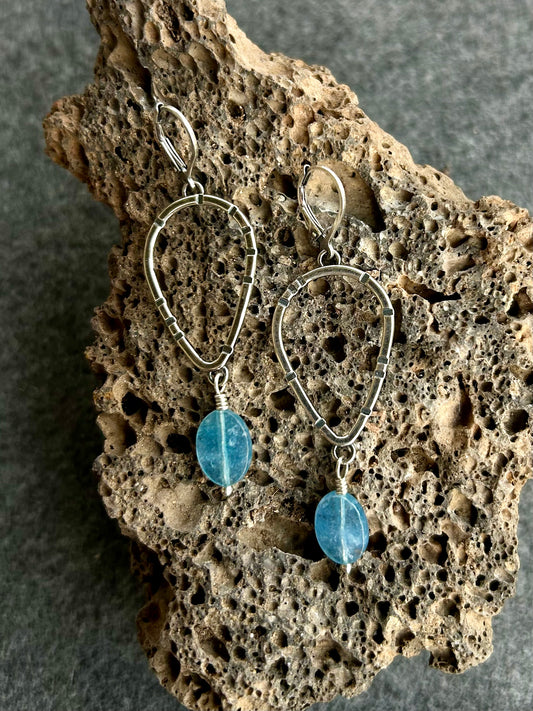 Anvil Teardrop Hoop Earrings with Stamped Sterling Silver and Blue Aqua Quartz