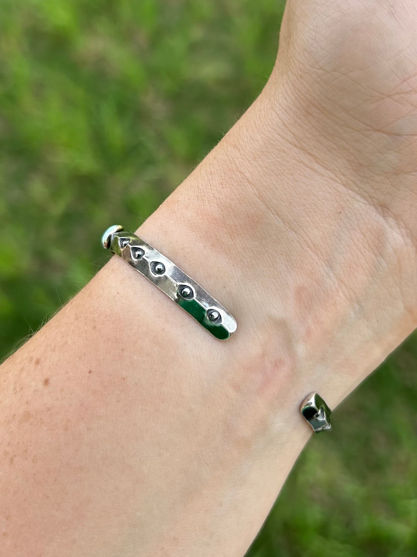 Cuff Bracelet with Stamped Sterling Silver and Opal