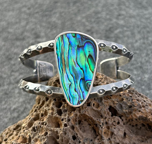 Cuff Bracelet with Stamped Sterling Silver and Abalone