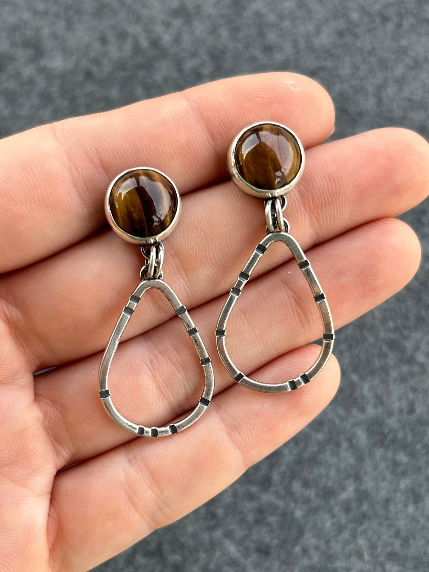 Anvil Hoop Earrings with Stamped Sterling Silver and Tiger's Eye