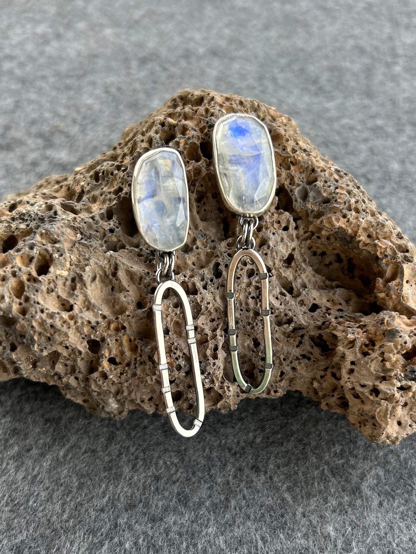 Anvil Hoop Earrings with Stamped Sterling Silver and Moonstone