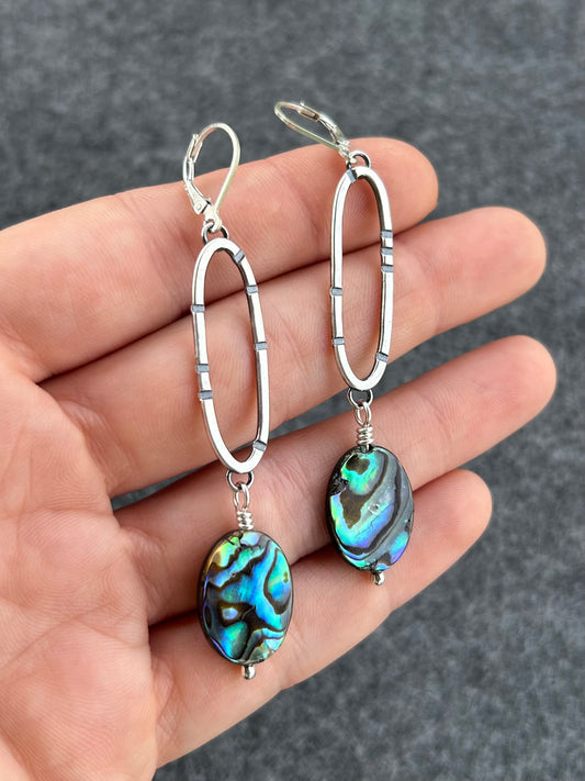 Anvil Hoop Earrings with Stamped Sterling Silver and Abalone