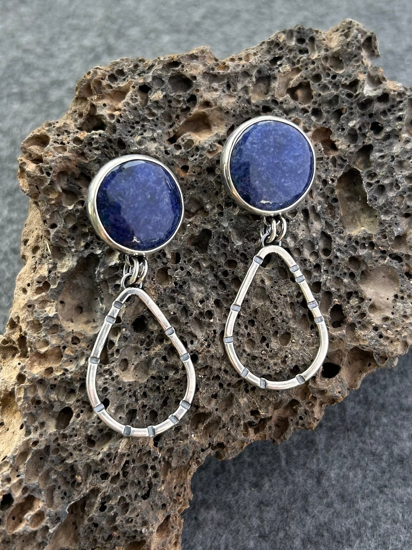 Anvil Hoop Earrings with Stamped Sterling Silver and Lapis Lazuli