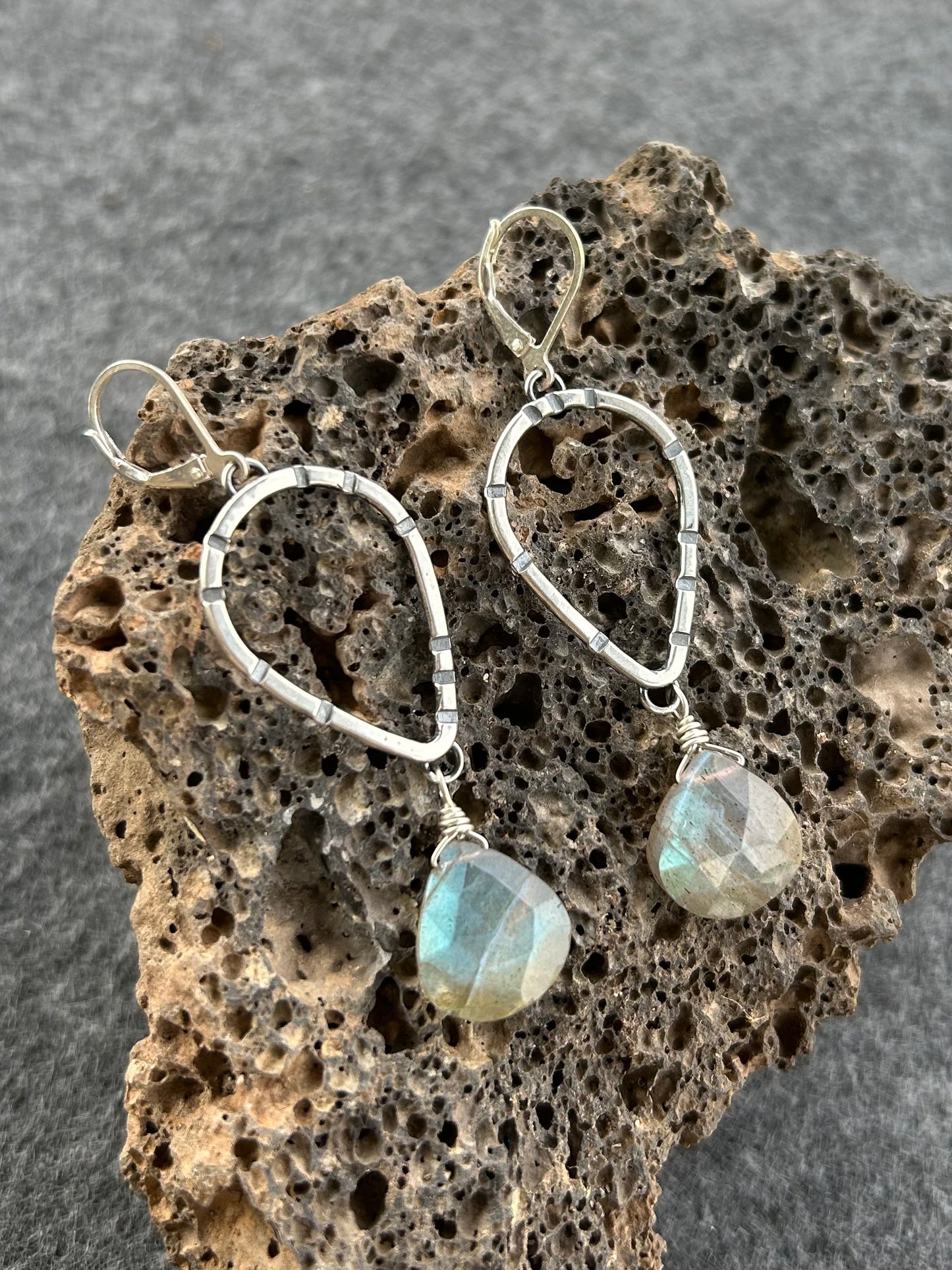 Anvil Hoop Earrings with Stamped Sterling Silver and Labradorite