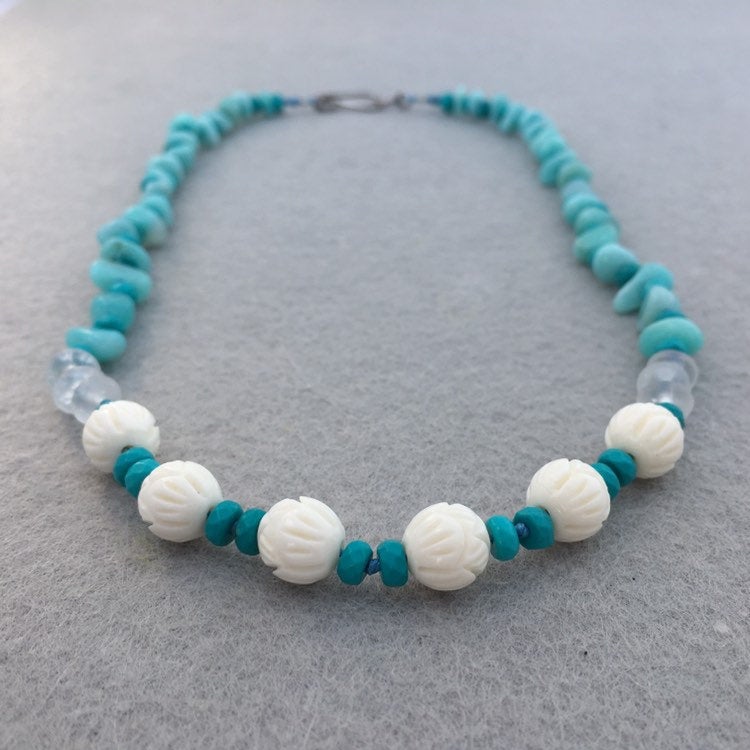 Peruvian Gem Amazonite Necklace with Natural Bone Beads and Sterling Silver Details