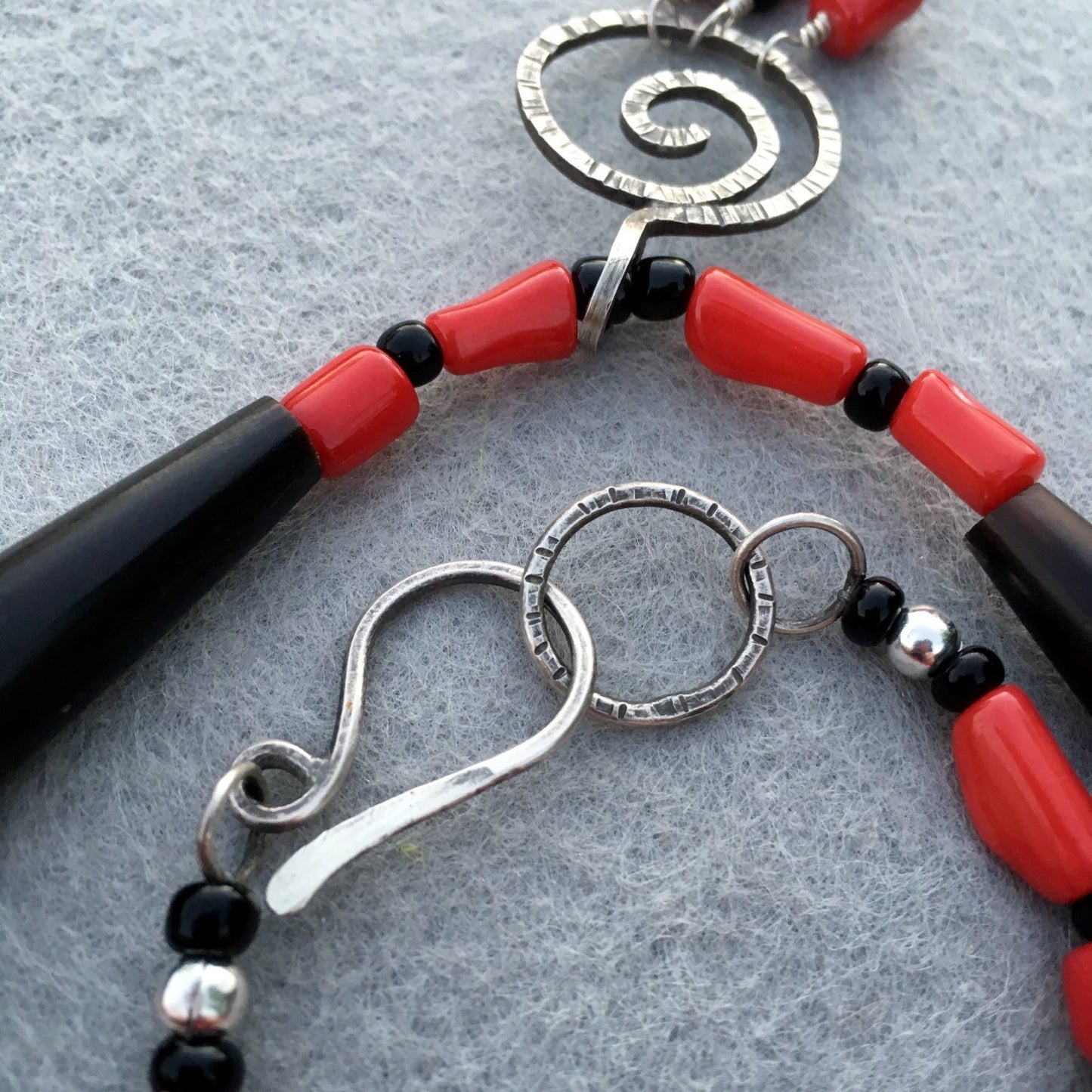 Red Coral Beaded Necklace with Sterling Silver Spiral Pendant